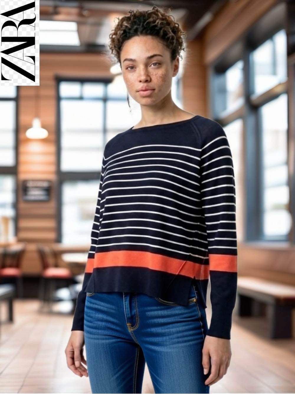 Zara Navy Striped Sweater with Coral Band